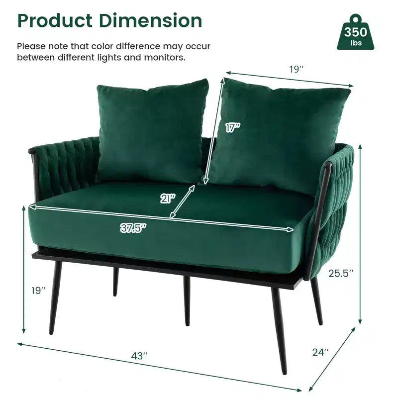 Costway Modern Loveseat Sofa Upholstered Dutch Velvet Couch with Woven Back & Arms Green/Grey