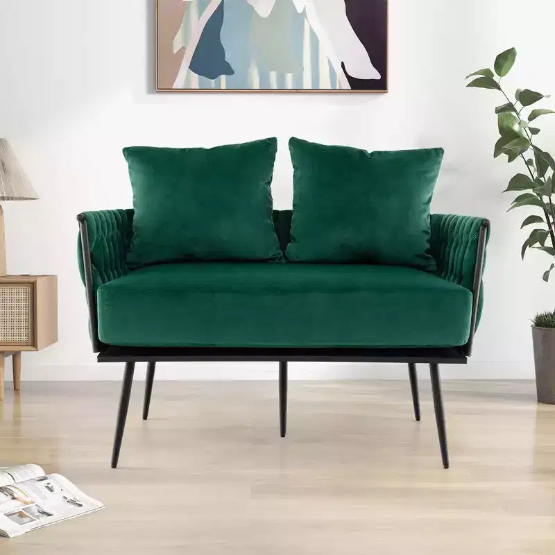 Costway Modern Loveseat Sofa Upholstered Dutch Velvet Couch with Woven Back & Arms Green/Grey