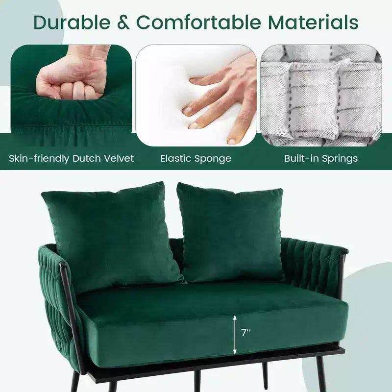 Costway Modern Loveseat Sofa Upholstered Dutch Velvet Couch with Woven Back & Arms Green/Grey