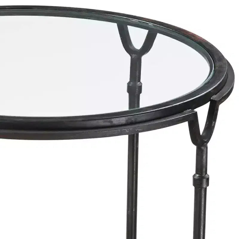 Uttermost Modern Steel Round Accent Side End Table 24 1/2 Wide Aged Black Clear Glass Tabletop for Living Room Bedroom Entryway