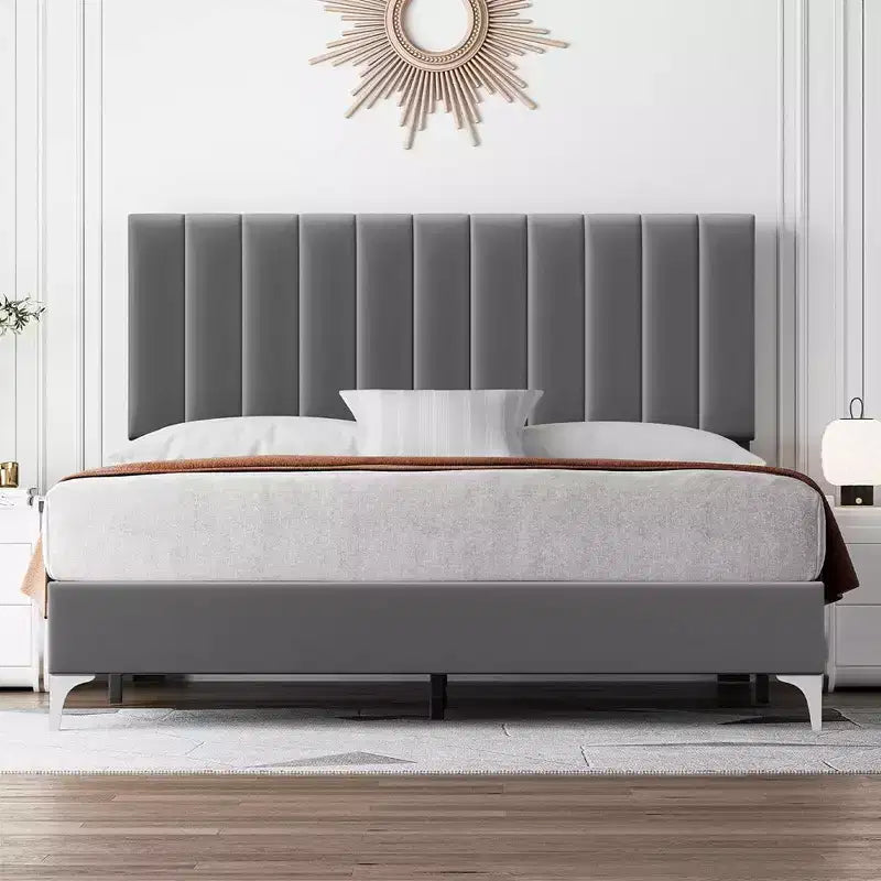 Whizmax Bed Frame Modern Velvet Upholstered 11 Inch Bed Frame with Headboard No Box Spring Needed, Gray