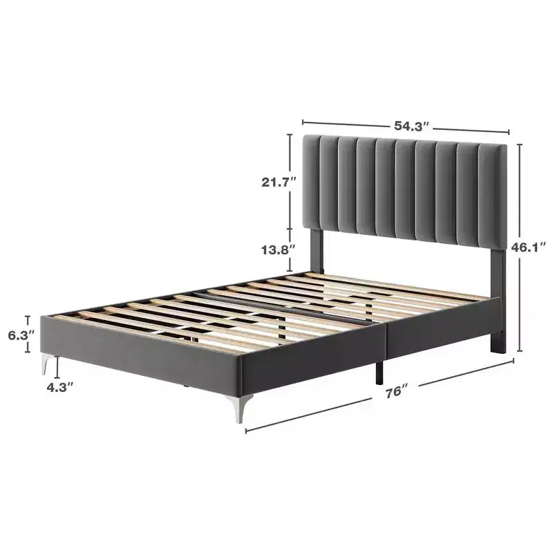 Whizmax Bed Frame Modern Velvet Upholstered 11 Inch Bed Frame with Headboard No Box Spring Needed, Gray