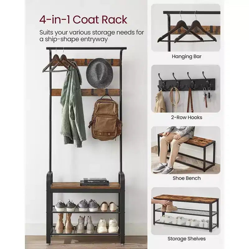 VASAGLE 4-in-1 Coat Rack Hall Tree, 9 Removable Hooks, Entryway Bench with Shoe Storage for Apartment, Living Room
