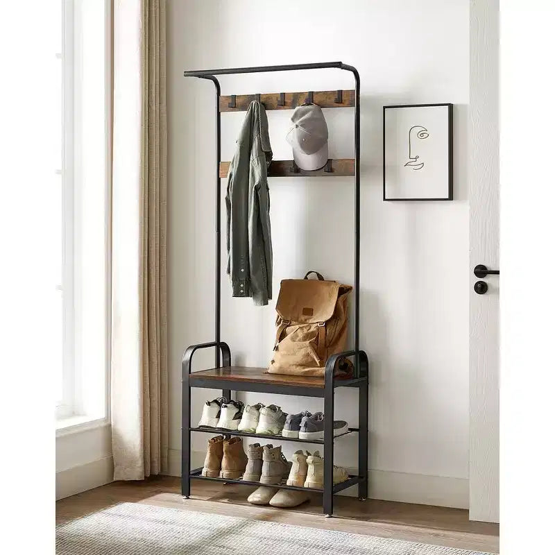 VASAGLE 4-in-1 Coat Rack Hall Tree, 9 Removable Hooks, Entryway Bench with Shoe Storage for Apartment, Living Room