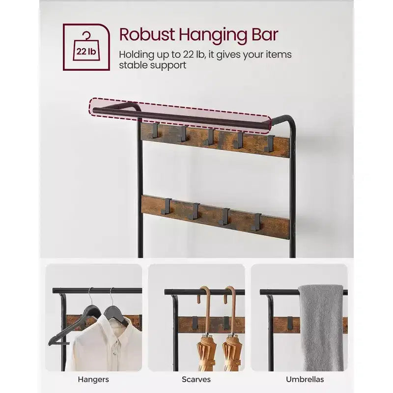 VASAGLE 4-in-1 Coat Rack Hall Tree, 9 Removable Hooks, Entryway Bench with Shoe Storage for Apartment, Living Room
