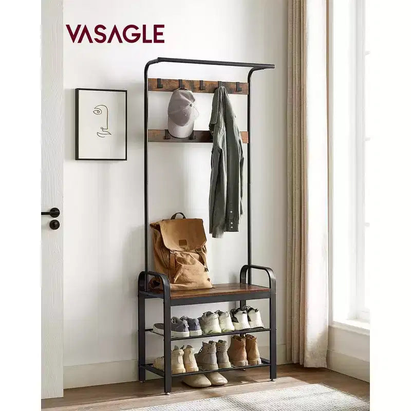 VASAGLE 4-in-1 Coat Rack Hall Tree, 9 Removable Hooks, Entryway Bench with Shoe Storage for Apartment, Living Room