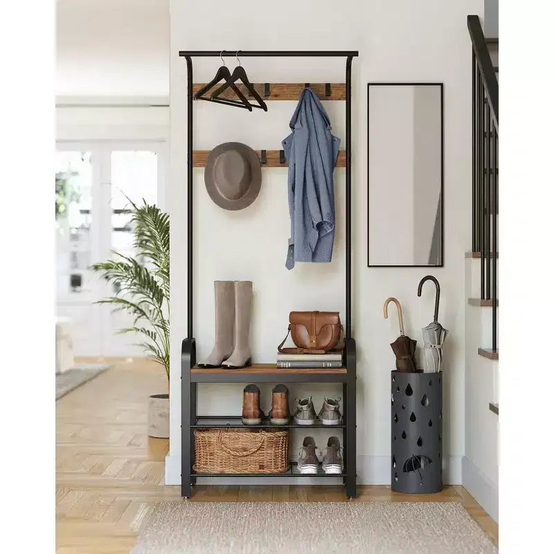 VASAGLE 4-in-1 Coat Rack Hall Tree, 9 Removable Hooks, Entryway Bench with Shoe Storage for Apartment, Living Room