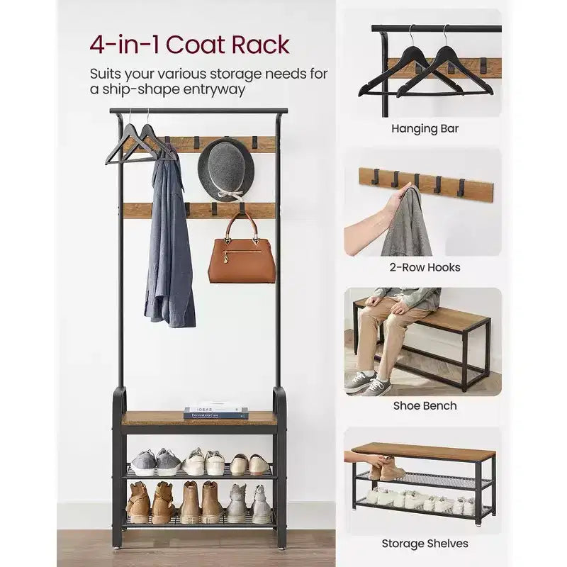 VASAGLE 4-in-1 Coat Rack Hall Tree, 9 Removable Hooks, Entryway Bench with Shoe Storage for Apartment, Living Room