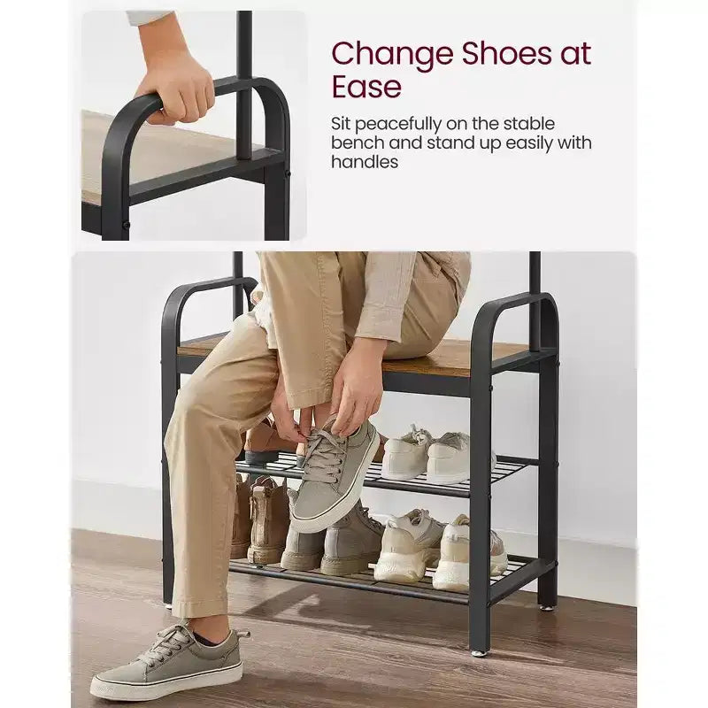 VASAGLE 4-in-1 Coat Rack Hall Tree, 9 Removable Hooks, Entryway Bench with Shoe Storage for Apartment, Living Room