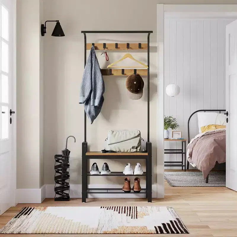 VASAGLE 4-in-1 Coat Rack Hall Tree, 9 Removable Hooks, Entryway Bench with Shoe Storage for Apartment, Living Room