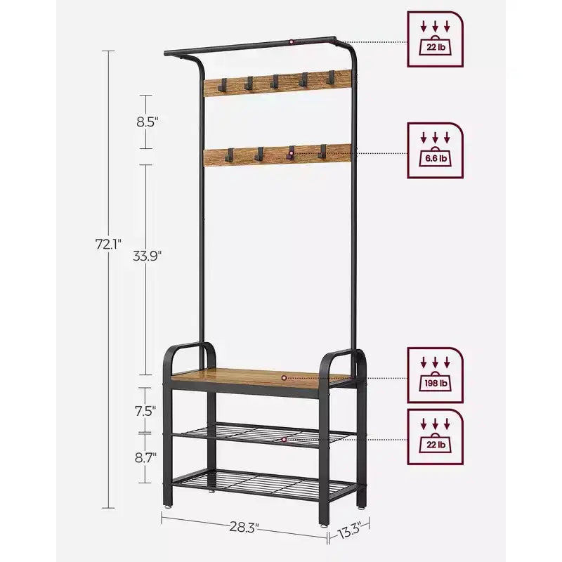 VASAGLE 4-in-1 Coat Rack Hall Tree, 9 Removable Hooks, Entryway Bench with Shoe Storage for Apartment, Living Room