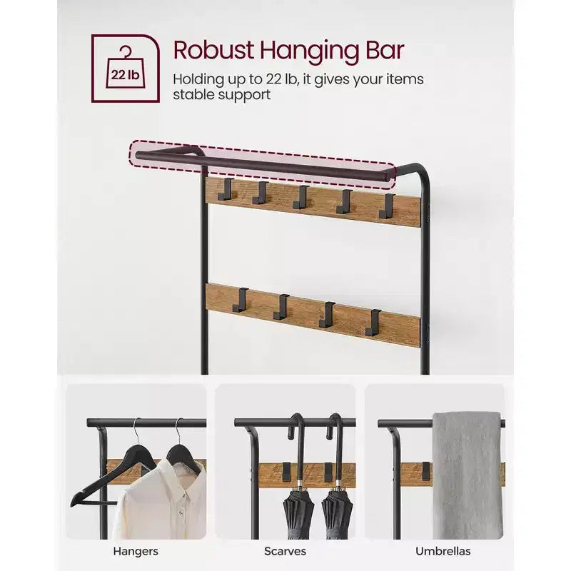 VASAGLE 4-in-1 Coat Rack Hall Tree, 9 Removable Hooks, Entryway Bench with Shoe Storage for Apartment, Living Room