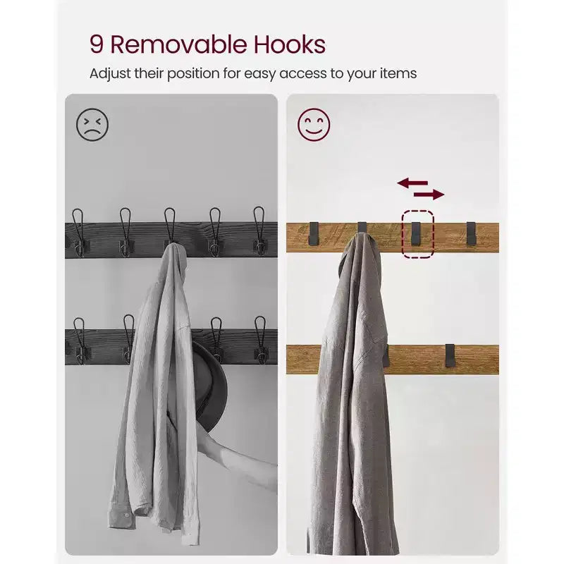 VASAGLE 4-in-1 Coat Rack Hall Tree, 9 Removable Hooks, Entryway Bench with Shoe Storage for Apartment, Living Room