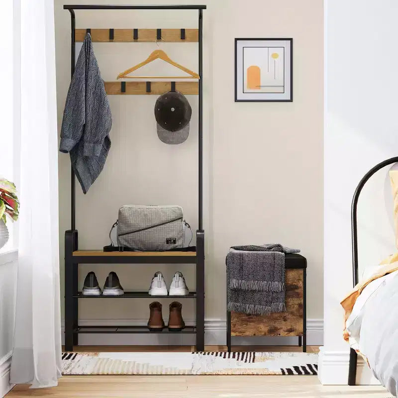 VASAGLE 4-in-1 Coat Rack Hall Tree, 9 Removable Hooks, Entryway Bench with Shoe Storage for Apartment, Living Room