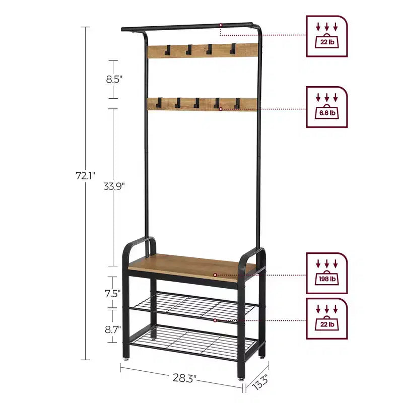 VASAGLE 4-in-1 Coat Rack Hall Tree, 9 Removable Hooks, Entryway Bench with Shoe Storage for Apartment, Living Room