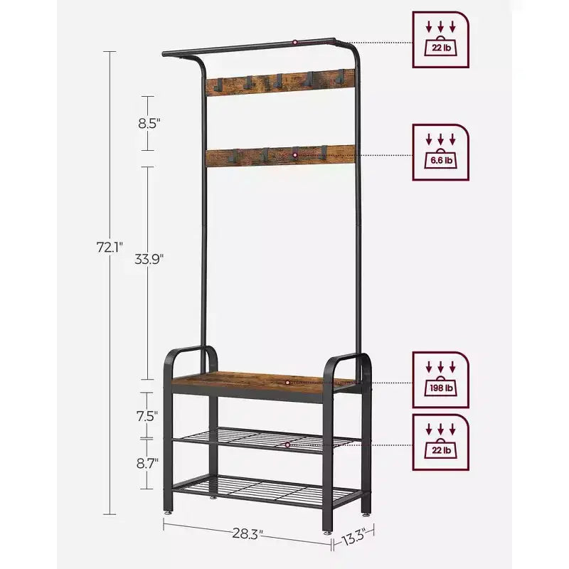 VASAGLE 4-in-1 Coat Rack Hall Tree, 9 Removable Hooks, Entryway Bench with Shoe Storage for Apartment, Living Room