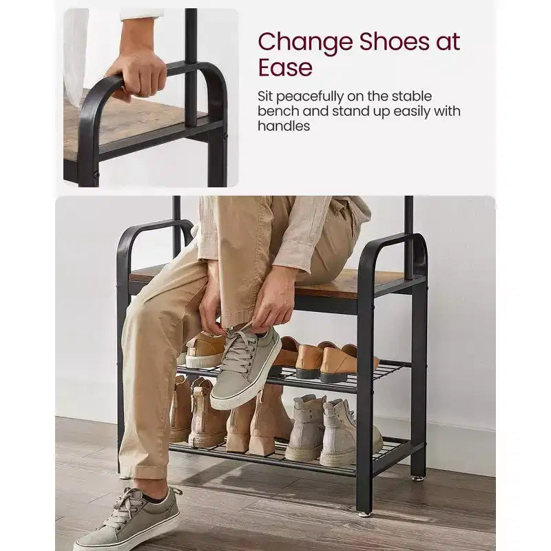 VASAGLE 4-in-1 Coat Rack Hall Tree, 9 Removable Hooks, Entryway Bench with Shoe Storage for Apartment, Living Room