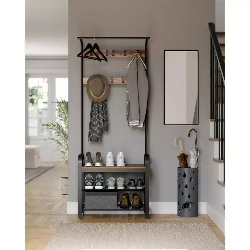 VASAGLE 4-in-1 Coat Rack Hall Tree, 9 Removable Hooks, Entryway Bench with Shoe Storage for Apartment, Living Room