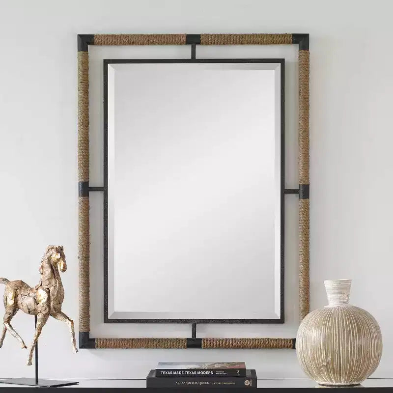 Uttermost Rectangular Vanity Decorative Wall Mirror Modern Beveled Rust Black Natural Rope Forged Iron Frame 28 Wide for Bathroom