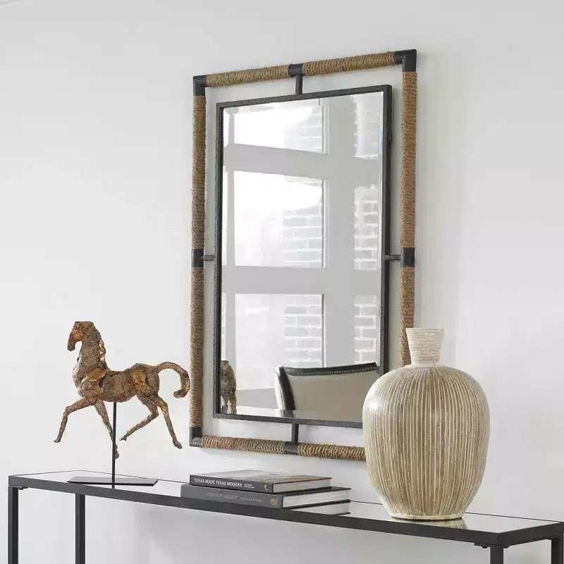 Uttermost Rectangular Vanity Decorative Wall Mirror Modern Beveled Rust Black Natural Rope Forged Iron Frame 28 Wide for Bathroom
