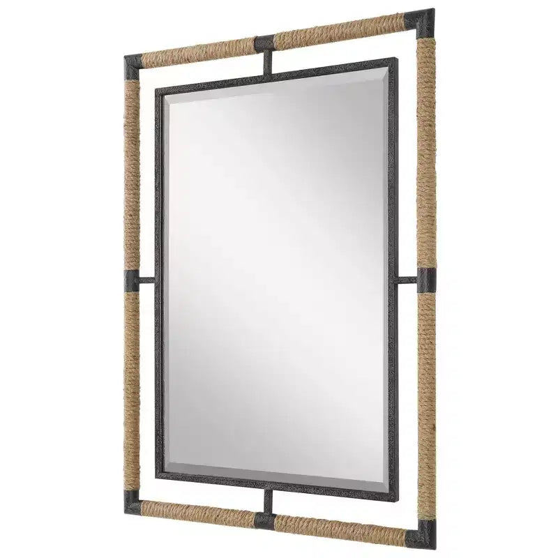 Uttermost Rectangular Vanity Decorative Wall Mirror Modern Beveled Rust Black Natural Rope Forged Iron Frame 28 Wide for Bathroom