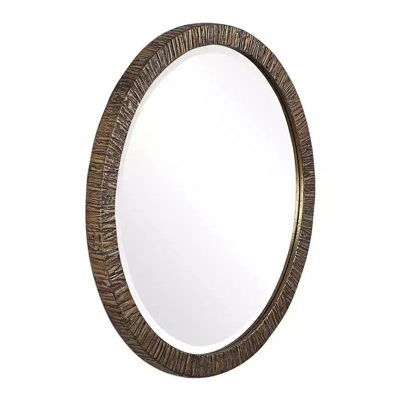 Uttermost Round Vanity Accent Wall Mirror Rustic Beveled Antiqued Metallic Gold Leaf Wood Frame 30 Wide for Bathroom Bedroom