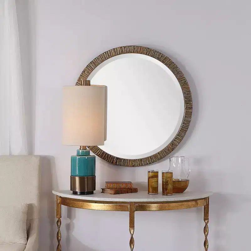 Uttermost Round Vanity Accent Wall Mirror Rustic Beveled Antiqued Metallic Gold Leaf Wood Frame 30 Wide for Bathroom Bedroom