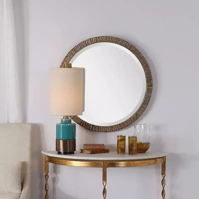Uttermost Round Vanity Accent Wall Mirror Rustic Beveled Antiqued Metallic Gold Leaf Wood Frame 30 Wide for Bathroom Bedroom