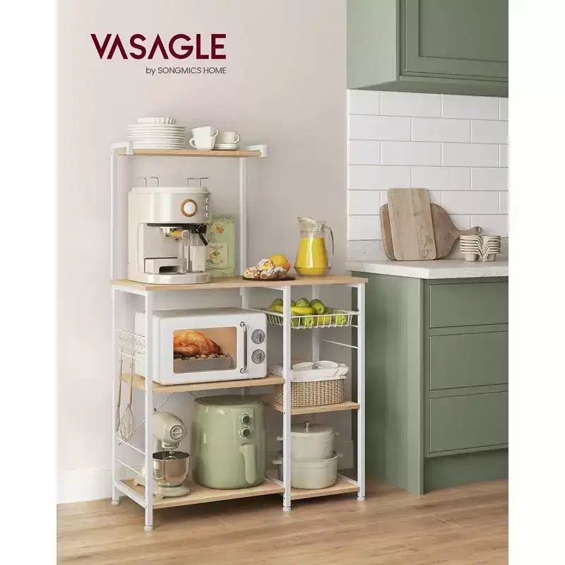 VASAGLE Baker's Rack Microwave Stand Kitchen Storage Rack with Wire Basket 6 Hooks & Shelves for Spices Pots & Pans