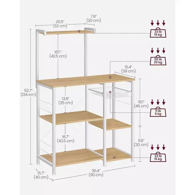 VASAGLE Baker's Rack Microwave Stand Kitchen Storage Rack with Wire Basket 6 Hooks & Shelves for Spices Pots & Pans