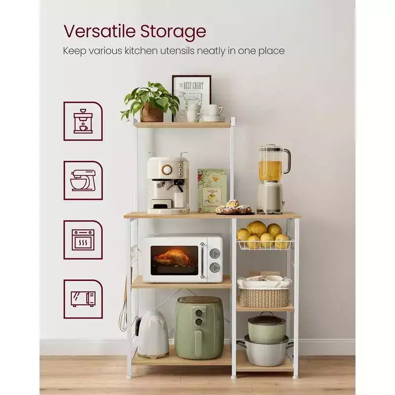 VASAGLE Baker's Rack Microwave Stand Kitchen Storage Rack with Wire Basket 6 Hooks & Shelves for Spices Pots & Pans