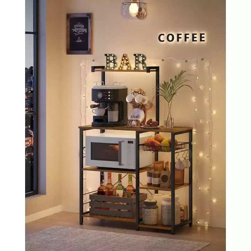 VASAGLE Baker's Rack Microwave Stand Kitchen Storage Rack with Wire Basket 6 Hooks & Shelves for Spices Pots & Pans