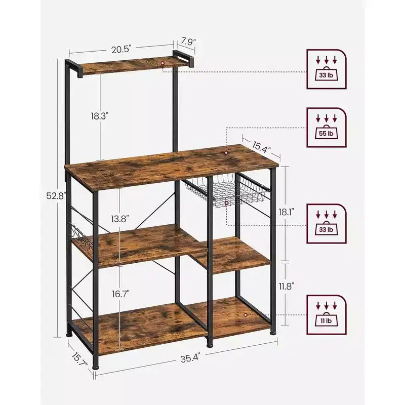 VASAGLE Baker's Rack Microwave Stand Kitchen Storage Rack with Wire Basket 6 Hooks & Shelves for Spices Pots & Pans