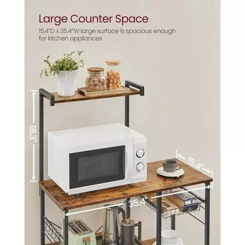 VASAGLE Baker's Rack Microwave Stand Kitchen Storage Rack with Wire Basket 6 Hooks & Shelves for Spices Pots & Pans