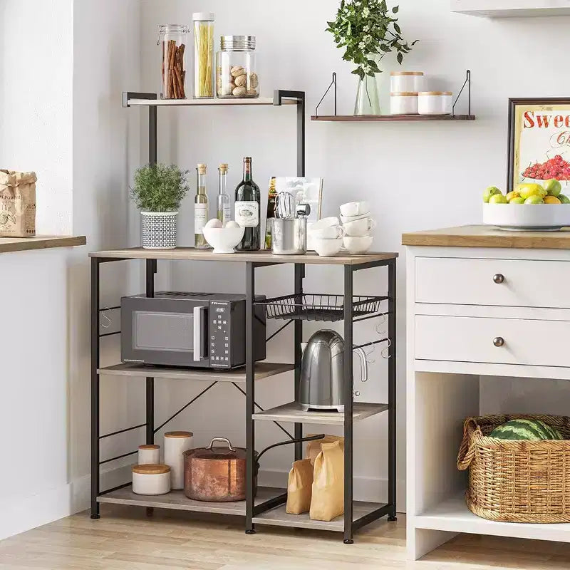 VASAGLE Baker's Rack Microwave Stand Kitchen Storage Rack with Wire Basket 6 Hooks & Shelves for Spices Pots & Pans