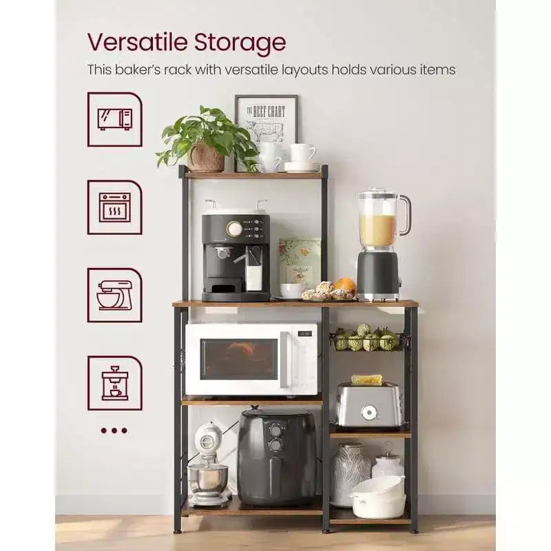 VASAGLE Baker's Rack Microwave Stand Kitchen Storage Rack with Wire Basket 6 Hooks & Shelves for Spices Pots & Pans