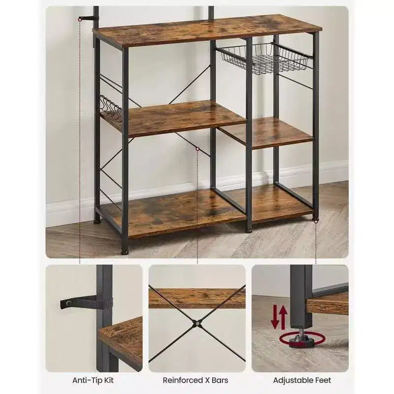 VASAGLE Baker's Rack Microwave Stand Kitchen Storage Rack with Wire Basket 6 Hooks & Shelves for Spices Pots & Pans