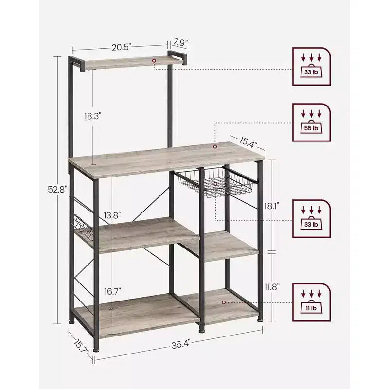 VASAGLE Baker's Rack Microwave Stand Kitchen Storage Rack with Wire Basket 6 Hooks & Shelves for Spices Pots & Pans