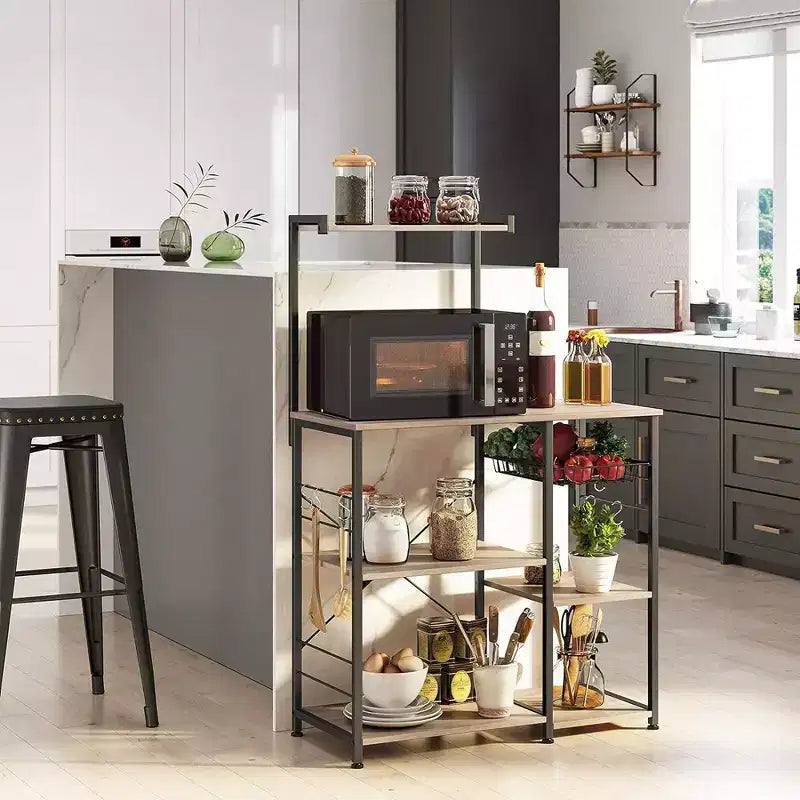 VASAGLE Baker's Rack Microwave Stand Kitchen Storage Rack with Wire Basket 6 Hooks & Shelves for Spices Pots & Pans