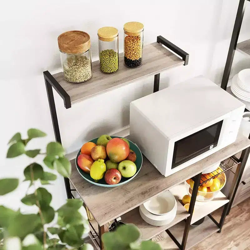 VASAGLE Baker's Rack Microwave Stand Kitchen Storage Rack with Wire Basket 6 Hooks & Shelves for Spices Pots & Pans