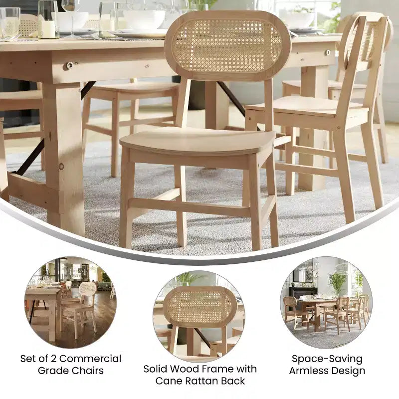 Flash Furniture Jacob Set of 2 Commercial Cane Rattan Dining and Event Chairs with Solid Wood Frame and Seat