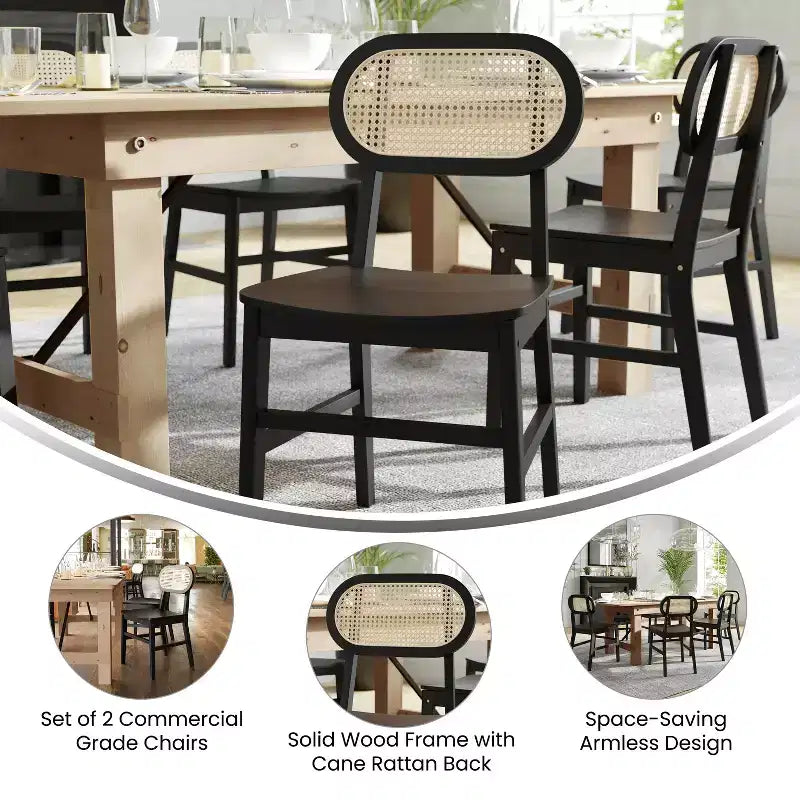 Flash Furniture Jacob Set of 2 Commercial Cane Rattan Dining and Event Chairs with Solid Wood Frame and Seat