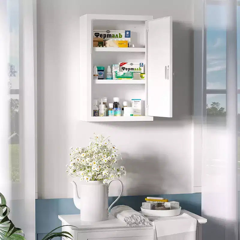 kleankin 12 x 18 Medicine Cabinet with Lock, Storage Shelves, Locking Medical Cabinet for Safety, First Aid Bathroom Wall Cabinet, White