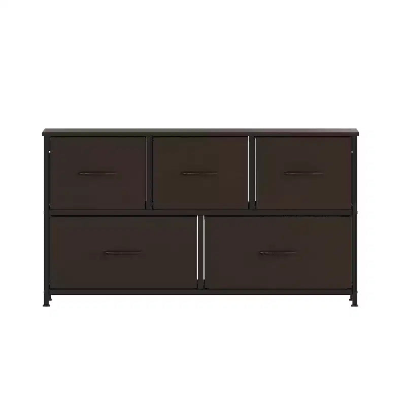 Emma and Oliver 5 Drawer Storage Dresser with Cast Iron Frame, Wood Top, and Easy Pull Fabric Drawers with Wooden Handles