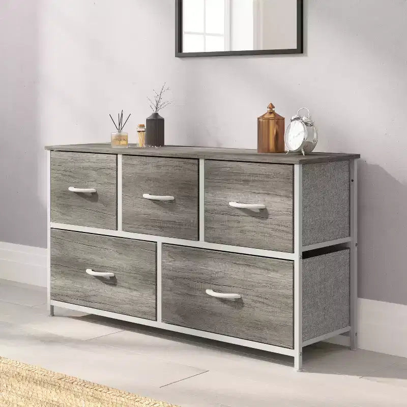 Emma and Oliver 5 Drawer Storage Dresser with Cast Iron Frame, Wood Top, and Easy Pull Fabric Drawers with Wooden Handles
