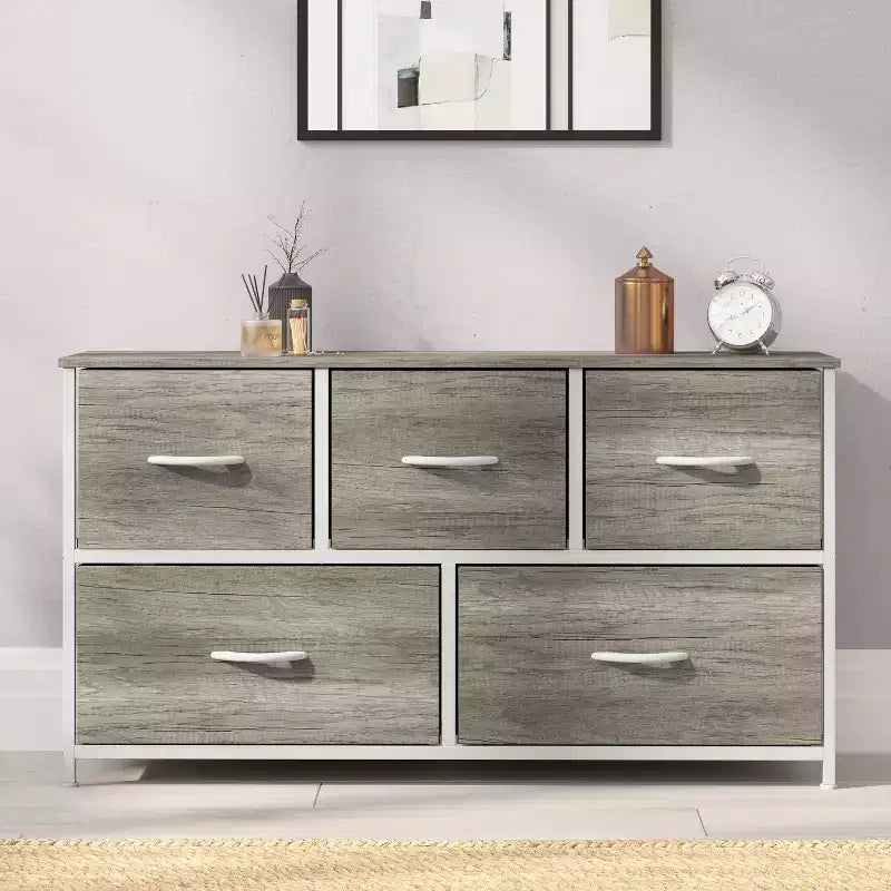 Emma and Oliver 5 Drawer Storage Dresser with Cast Iron Frame, Wood Top, and Easy Pull Fabric Drawers with Wooden Handles
