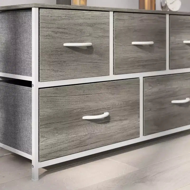 Emma and Oliver 5 Drawer Storage Dresser with Cast Iron Frame, Wood Top, and Easy Pull Fabric Drawers with Wooden Handles