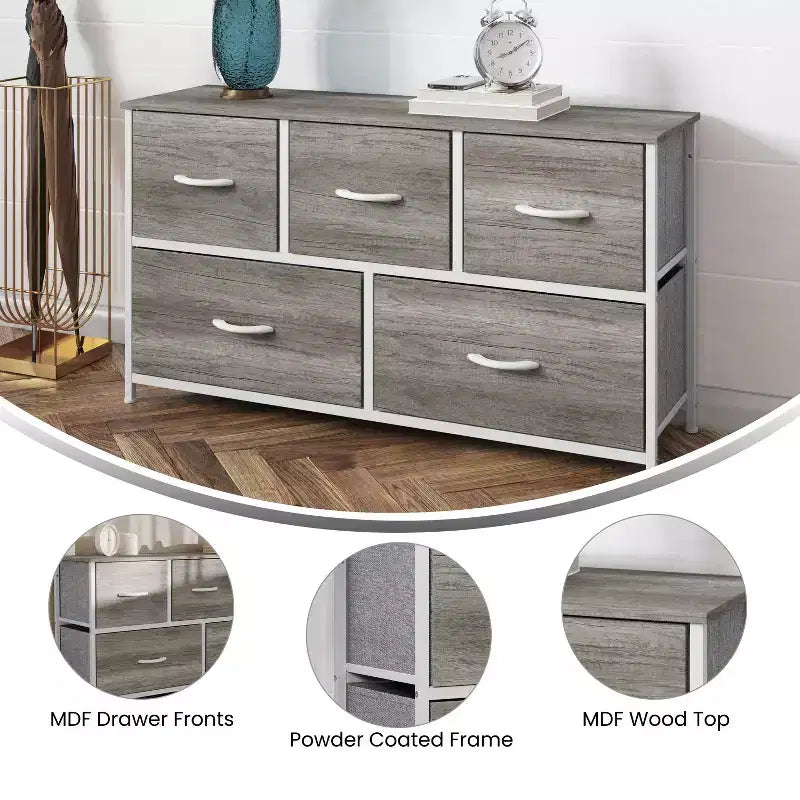 Emma and Oliver 5 Drawer Storage Dresser with Cast Iron Frame, Wood Top, and Easy Pull Fabric Drawers with Wooden Handles