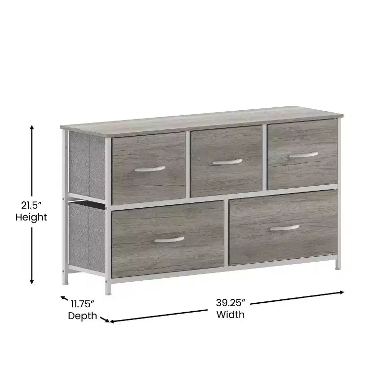 Emma and Oliver 5 Drawer Storage Dresser with Cast Iron Frame, Wood Top, and Easy Pull Fabric Drawers with Wooden Handles