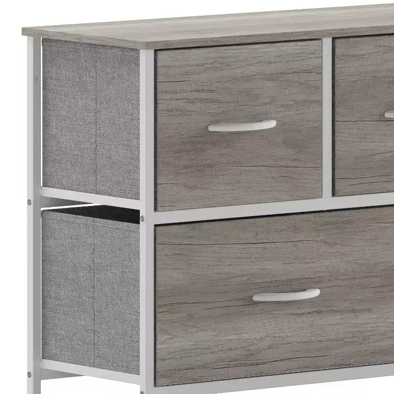 Emma and Oliver 5 Drawer Storage Dresser with Cast Iron Frame, Wood Top, and Easy Pull Fabric Drawers with Wooden Handles